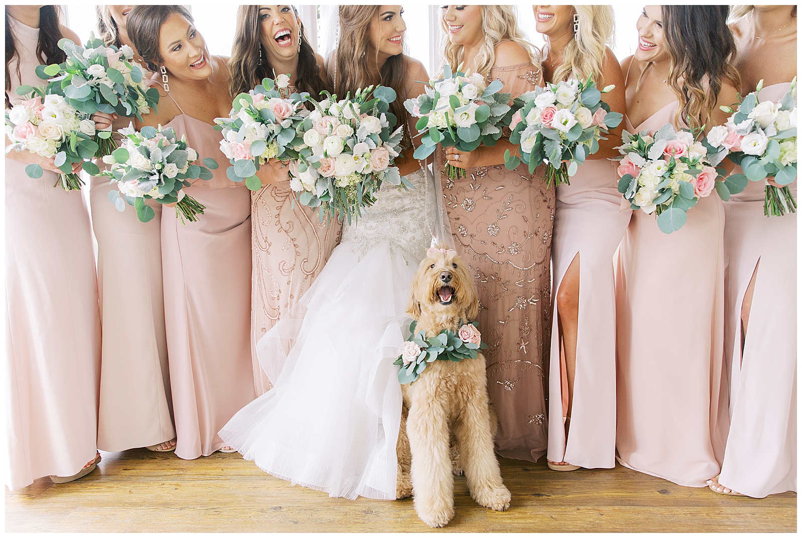 bridesmaids in mix matched dresses with goldendoodle