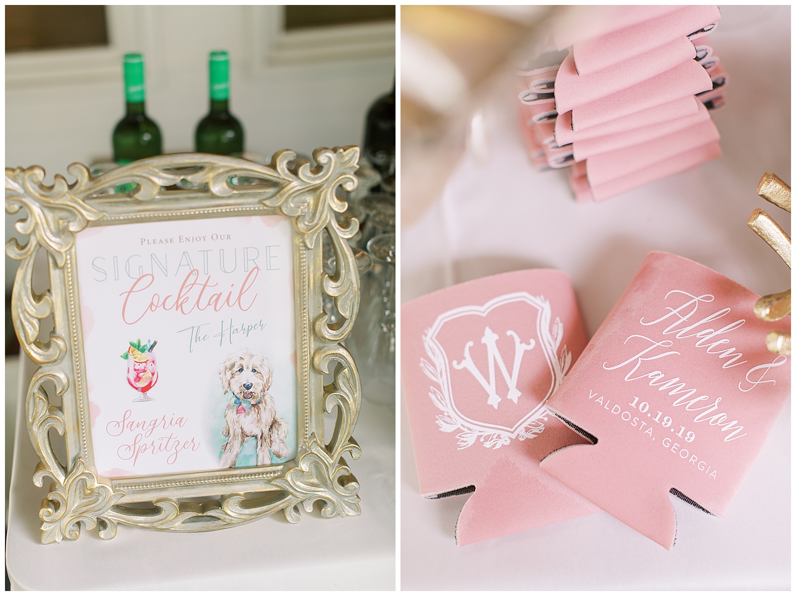 signature cocktail sign with dog and custom wedding coozies
